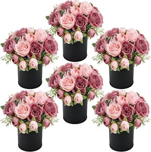 $46 6 Set Pre-Made Flower Table Centerpieces - Vintage & Pastel Pink  6 Pack Artificial Silk Peonies with Black Vases, For Birthday Party, For Anniversary Ceremony, For Wedding Reception