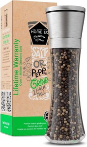 HOME EC Original Stainless Steel Salt or Pepper Grinder 1pk - Adjustable Ceramic Sea Salt Grinder or Pepper Mill - Tall Glass Spice Shaker - Spice Mill wEBook