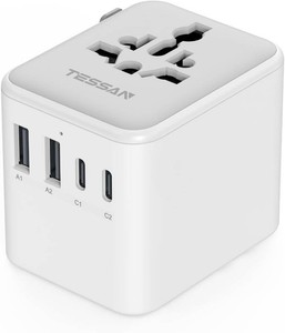 $20 TESSAN Universal Travel Adapter, International Power Adapter  2 USB C 2 USB A Ports, Travel Plug Adaptor Worldwide for US to Europe UK Italy Ireland Australia France Germany, Type C G A I