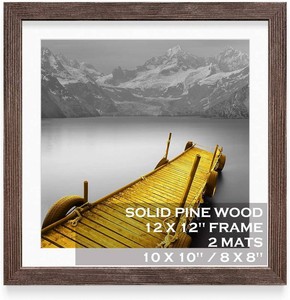 $20 12x12 Picture Frames Solid Wood Rustic Walnut Display Pictures 10x10 or 8x8 with Mat or 12x12 without Mat - 12x12 Inch Square Photo Frames with 2 Mats for Wall or Tabletop Mount, 1 Pack