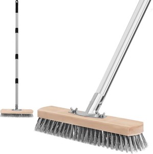 Stainless Steel Wire Scrub Brush with Long Handle, Heavy Duty Floor Scrubber Brush, Moss Remover Wire Broom for Deck, Rough Surface, Concrete Floor, Patio, Garden, Garage