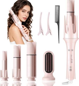 $41 4 in 1 Automatic Curling Iron, Rotating Auto Hair Curler with 1 1.25 1.5 Barrels & Straightening Brush, 3 Temp 3 Timer, Ionic Ceramic, Anti-Scald, 60 Min Auto Shut-Off(Cherry Blossom Pink)