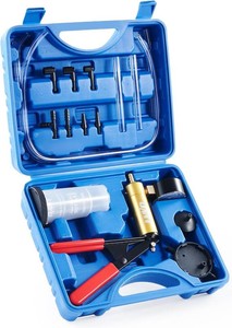 $29 OMT One-Man Brake Bleeding Kit with Hand Vacuum Pump and Dial Gauge, Blue  High Grade Aluminum Alloy Fluid Evacuation System Resilient PVC Tubing and Connectors Great for Multi-Vehicle Servicing