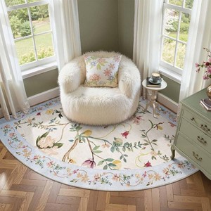$53 jinchan 5ft Washable Quarter Circle Corner Rug, Oriental Floral, BeigeBlue  Non-Slip, Lightweight Low-Pile Sector Throw Carpet for Bedroom Reading Nook Office