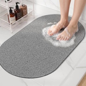 HITSLAM Oval Loofah Shower Mat Non Slip, 27x16 Inch, Grey  Bath Mat for Textured Tub & Inside Shower Stall, No Suction Cups Quick Drying PVC Porous Floor Mat, Soft Foot Exfoliating
