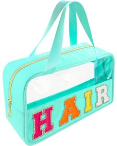 Bunliuys Chenille Letter Clear Makeup Bag Hair Patch, Travel Toiletry Makeup Bag with Handle, Nylon Waterproof Makeup Bags clear cosmetic bag, preppy patch makeup bag for Women (HAIR-Mint Green)
