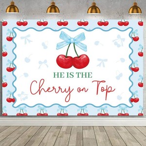 MEHOFOND 7x5ft Hes The Cherry on Top Baby Shower Backdrop for Boys Blue Bow Cherry Theme Baby Shower Party Decorations Coquette Bridal Shower Photography Background Banner Photo Booth Props