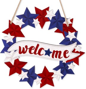 4thFourth of July Decorations Welcome Wreath for Front Door - Wooden Red White and Blue Star Sign, Patriotic Memorial Day Porch Home Wall Outside Decor
