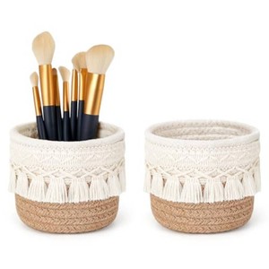 Mkono Macrame Makeup Brush Holder, Boho Mini Storage Basket Set of 2