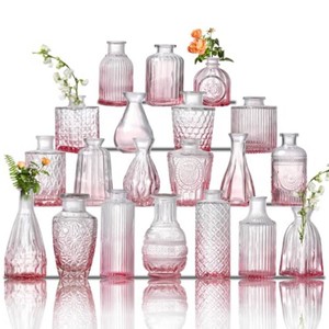 $35 Glass Bud Vase Set of 20 - Small Vases for Flowers in Bulk - Assorted Vintage Crystal Vases for Flowers, Table Centerpieces (Pink, 20 Pcs)