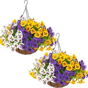 $35 lovemoon 2 Sets Artificial Hanging Pansy Flowers with Baskets, 24 Pcs UV Resistant Faux Silk Pansy Outdoor Hanging Flower for Porch Patio Garden Home Spring Decor (2, White,Yellow,Purple)