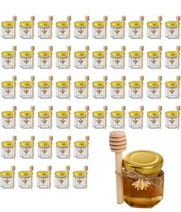 $33 R DRURLCD 50 Pack 1.5 oz Hexagonal Mini Glass Honey Jars in Bulk with Wooden Dipper Bee Charms Thank You Cards Jutes for Baby Shower Wedding Party Favors Gifts