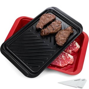 $35 KAQAHIDO Grilling Deep Prep and Serve Trays, BBQ Platter for Raw Meat Marinating and Finished Cooked Food, Melamine Serving Tray, Set of 2, Cleaning Pack Included