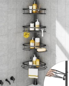 $60 SEIRIONE Rustproof Shower Corner Caddy Organizer for Bathroom, 4-Tier Adjustable Bathroom Shelf with Tension Pole, Solid Rack Ideal for Bathtub Storage, 34 to 116 Inch Height, Black