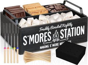$29 6 in 1 Smore staions with forks, Wooden stand and Bamboo sticks, Bag with Mat, Smores Caddy Organizer for Smores Bar Station for Smores Kit Camping Decor, Smores Organizer BBQ Housewarming Gift