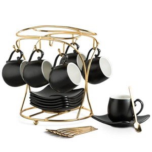 $33 LYEOBOH Espresso Cups with Saucers Set, 3 Ounces Porcelain Coffee Cups with Metal Stand and Spoons, Cappuccino Cups Cute Demitasse Cups for Coffee Drinks, Latte, Tea Set of 6, Black