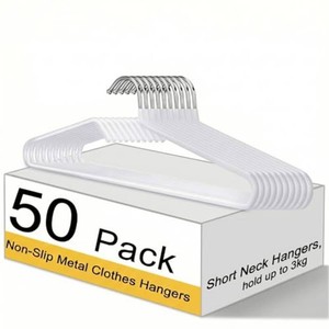 $70 Leumoi 50 Pack Short Neck Hangers Non-Slip Metal Hangers for Clothes, Pants, Shirts, Tank Tops, Jackets, Space Saving, Short Neck Household Collar Protection (White)