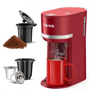 $40 Horavie Mini Single Serve Coffee Maker for K-Cup Pods and Grounds, Fast Brew One Cup Coffee Machine with Descaling Reminder and Water Window, 6 to 12 oz. Brew Sizes, Red