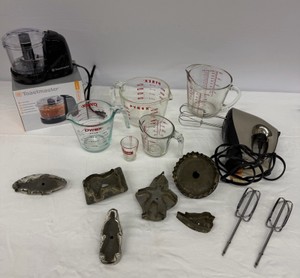 Kitchen Items Electric Chopper, Mixer, Glass Measuring Cups, Vintage Cookie Cutters