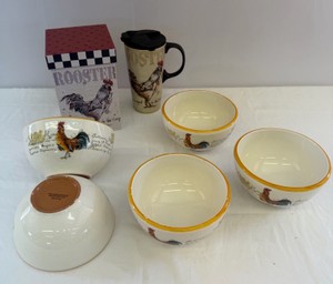 Williams Sonoma Rooster Bowls & Rooster Ceramic Mug wLid