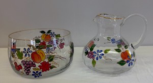 Hand Painted Fruit Glass Pitcher & Bowl