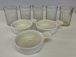 White Soup Bowls wHandles & Glass Drinkware