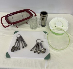 Kitchen Items Strainer, Cutting Board, Measuring Spoons, Weight Watchers collapsible Lunch Storage, Coffee Cup, Glass Drink Cup