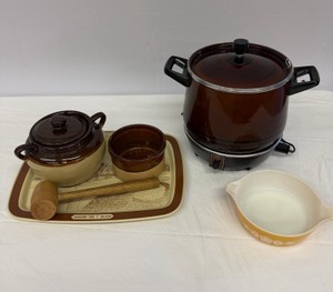Kitchen Items West Bend Slow Cooker, Ceramic Bowls, Wooden Hammer, Pepsi-Cola Tray