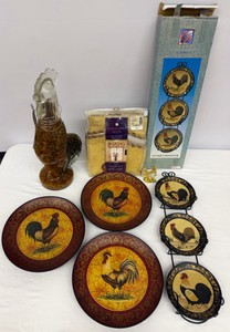 Rooster Decor Decorative Plates, Valance, 24k Plated Rooster Figurine, Large Glass Vegetable Filled Rooster