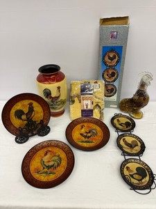 Lot of Rooster Decor Decorative Plates, Valance, Vase, Glass Vegetable Filled Rooster