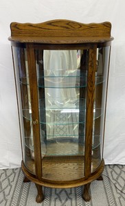 Vintage Oak Bowfront Curio Cabinet wClaw Feet & Light - 60in T x 31.5in W x 15in D
