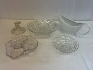 Lot of Kitchen Items Crystal Bowls, Pickle Dishes, Candlestick Holder, Gravy Dish