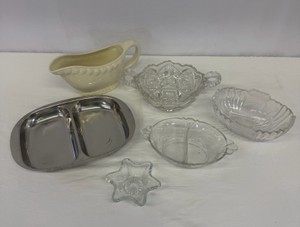 Lot of Kitchen Items Crystal Bowls, Crystal Star Candlestick Holder, Gravy Bowl, Metal Tray