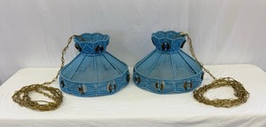 Lot of 2 Vintage Blue Macrame Swag Hanging Lamps with 13ft of Brass-Tone Chain