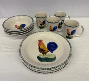 Rooster Ceramic Dishware - 4 Plates, 4 Bowls, 4 Cups