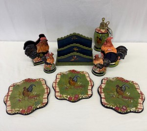 Lot of Tracy Porter Rooster Kitchen Home Goods Letter Sorter, Soap Dispenser, Trivet, Salt & Pepper Shaker, Napkin Holder, Timer