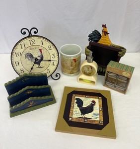 Large Kitchen Rooser Lot Utensil Holder, Soap Dispenser, Salt & Pepper Shaker, Trivet, Clock, Napkin Holder, Chalk Board