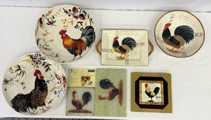 Large Kitchen Rooser Lot Rooster Bowls, Platters, Cutting Boards & Trivet