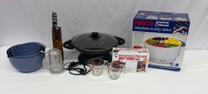 Large Lot of Kitchen Items Nesco Dehydrator, Jerkey Kit, Electric Wok, Measuring Cups, Mixing Bowls, Knife Set, Deer Etched Stein