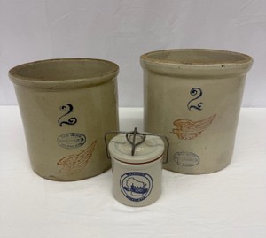 Lot of Vintage American Stoneware Crocks Two 2-Gallon Red Wing Union Crocks and Wisconsin Homestead Bail Cheese Crock with Handle