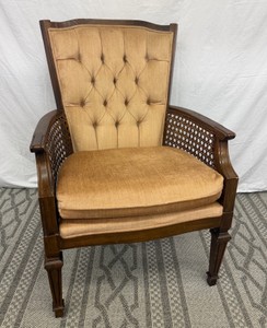 Vintage Mid Twentieth Century Tufted Velvet & Cane Accent Chair