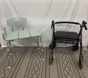 Tub Transfer Bench & Rolling Walker with Padded Seat & Basket