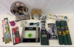 Lot of Bathroom Supplies Weight Watchers Scale, Mirrors, UV Electric Toothbrush, Curling Iron, Drain Cleaners, Groomer, Shower Curtin, Grab Bars & Drawer Liner