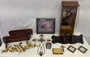 Lot of Home Interiors Home Decor Wooden Shelves, Framed Wall Art, Mirrored Cabinet, Wrought Iron Cross, Foliage Branch & More