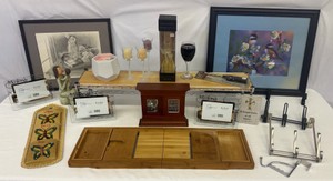 Large Lot of Home Decor Wall Art, Picture Frames, Shelf, Hooks, Tub Caddy, Candles
