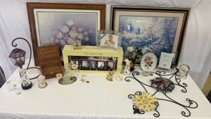 Large Lot of Home Decor Wall Art, Plate Holder, Picture Frames, Glass Figurines