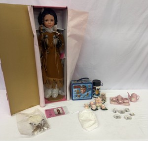 Lot of Collectibles Paradise Galleries Paradise Sister of the Moon Large Porcelain Doll, Miniature Teacup Sets, Vintage Six Million Dollar Man Lunchbox