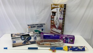 Lot of Brand-New Cleaning Supplies Shark Life Away Steam Mop, Swiffer Wet Jet, Twist Mop, Shark Cordless Hand Vacuum