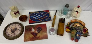 Lot of Vintage Kitchen Items Mammy Cookie Jar, Cat Cookie Jar, Knives, Rooster Cutting Board, Polka Dot Tea Pot, Clock