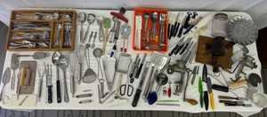 Large Lot of Kitchen Utensils Silverware, Knives, Meat Grinders, Coffee Grinder, Measuring Cups & Spoons, Serving Utensils